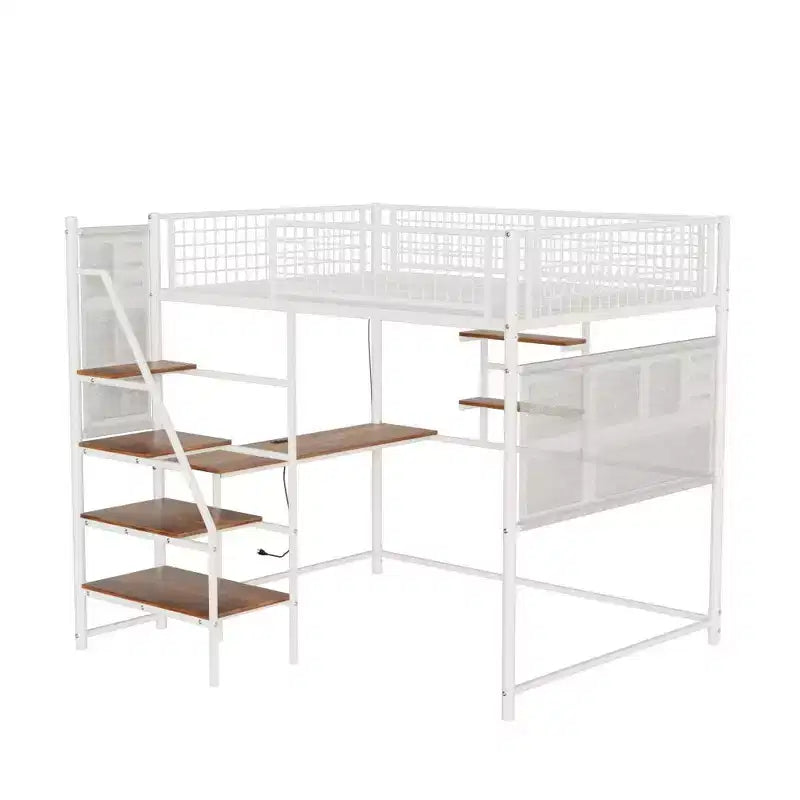 Letto a soppalco full-size in metallo e legno con scrivania, scalette e mensole portaoggetti 224,27x198,40x180,01 cm
