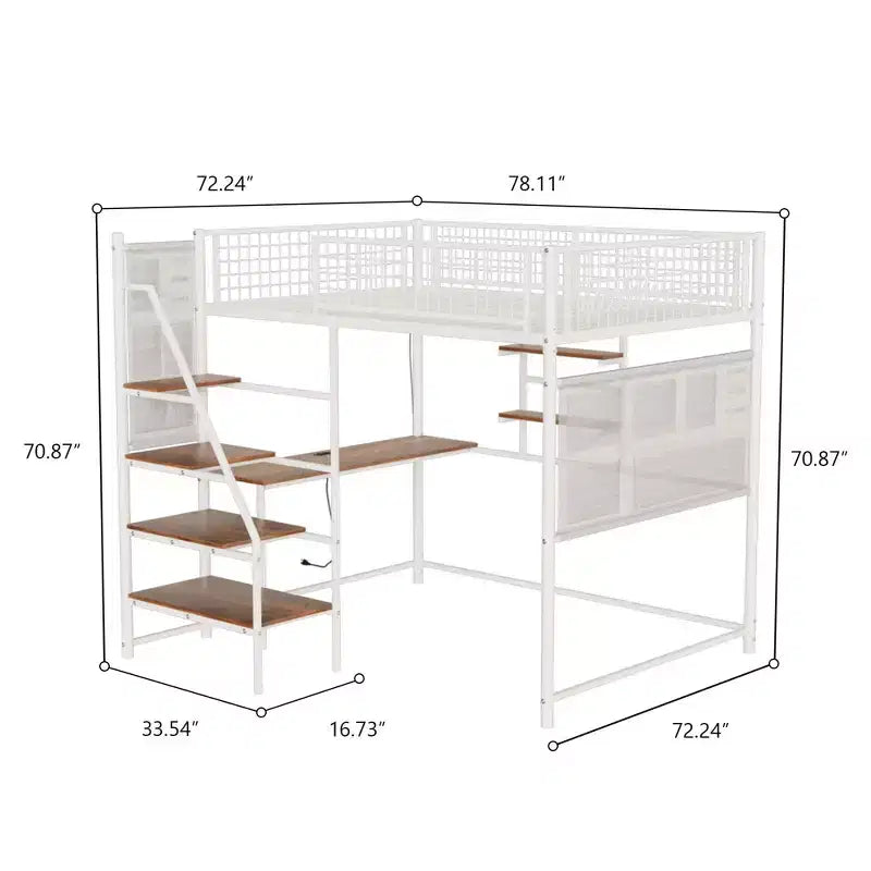 Letto a soppalco full-size in metallo e legno con scrivania, scalette e mensole portaoggetti 224,27x198,40x180,01 cm