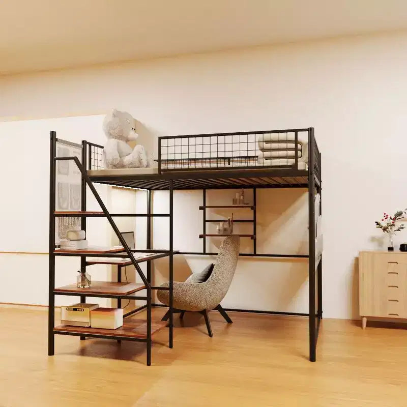 Metal and Wood Full Size Loft Bed with Desk Ladders and Storage Shelves 88.27''x78.11''x70.87''