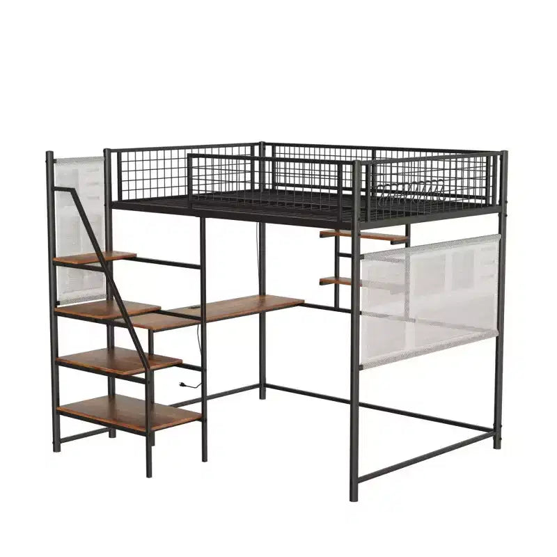 Metal and Wood Full Size Loft Bed with Desk Ladders and Storage Shelves 88.27''x78.11''x70.87''