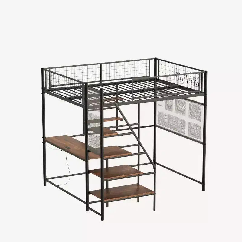 Metal and Wood Full Size Loft Bed with Desk Ladders and Storage Shelves 88.27''x78.11''x70.87''