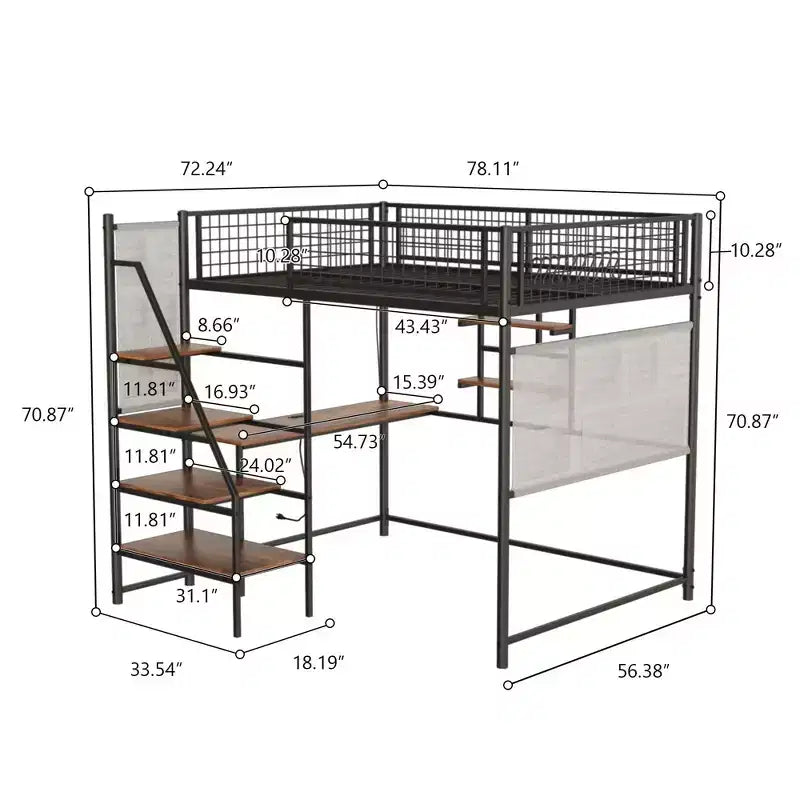 Letto a soppalco full-size in metallo e legno con scrivania, scalette e mensole portaoggetti 224,27x198,40x180,01 cm