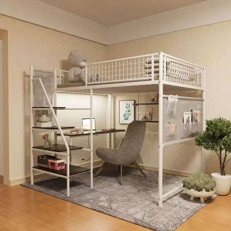 Letto a soppalco full-size in metallo e legno con scrivania, scalette e mensole portaoggetti 224,27x198,40x180,01 cm