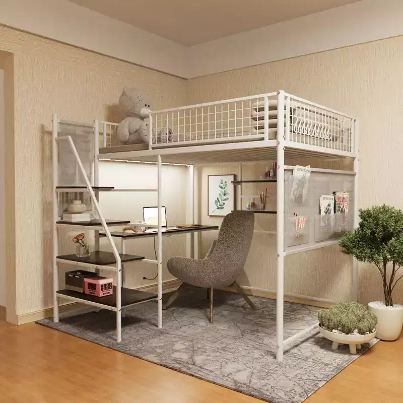 Metal and Wood Full Size Loft Bed with Desk Ladders and Storage Shelves 88.27''x78.11''x70.87''