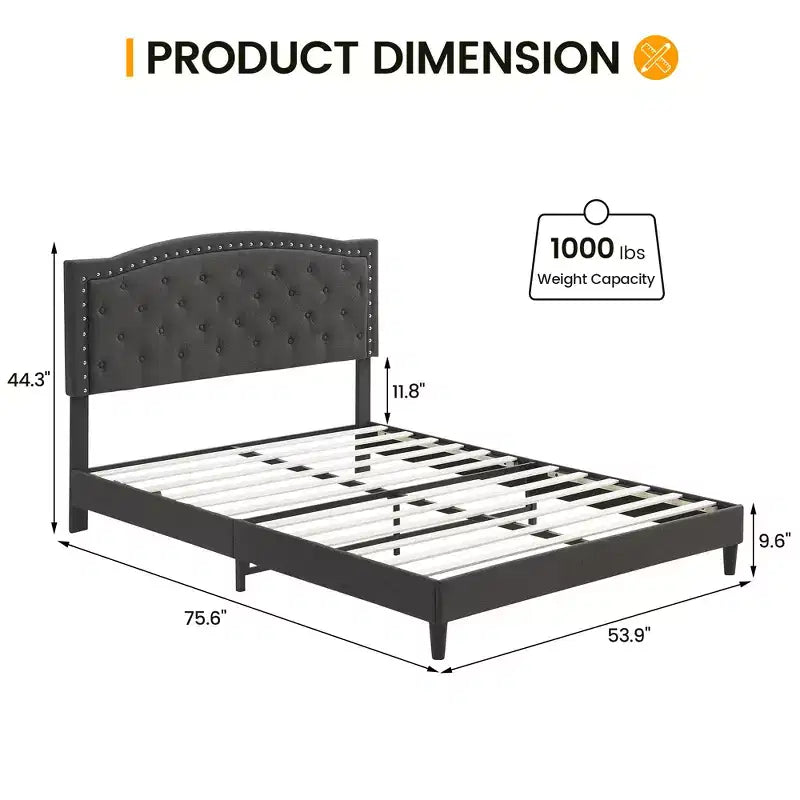 Struttura letto, Testiera regolabile, Design capitonné, Supporto a doghe in legno, Nessun box spring necessario, Facile montaggio