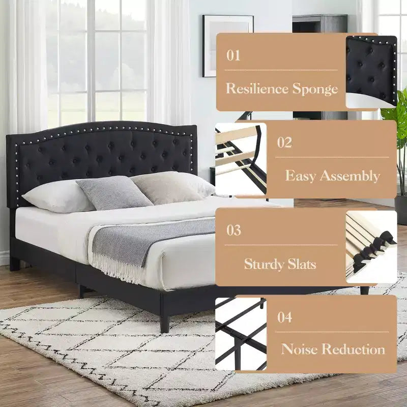 Struttura letto, Testiera regolabile, Design capitonné, Supporto a doghe in legno, Nessun box spring necessario, Facile montaggio