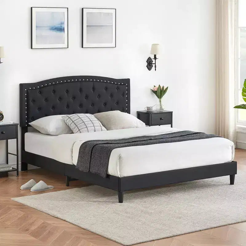 Bed Frame, Adjustable Headboard, Button Tufted Design, Wood Slats Support, No Box Spring Needed, Easy Assembly