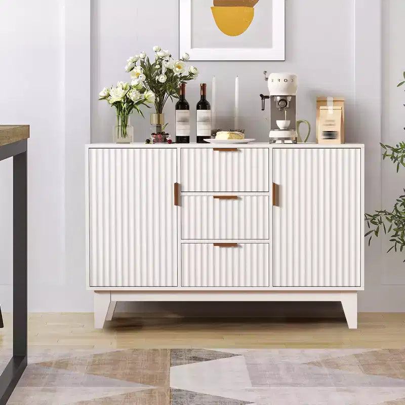 Credenza a Buffet Scanalata, Grande Mobiletto Contenitore per Caffè/Bar da 120 cm con 3 Cassetti e 2 Ante per Cucina, Soggiorno, Ingresso