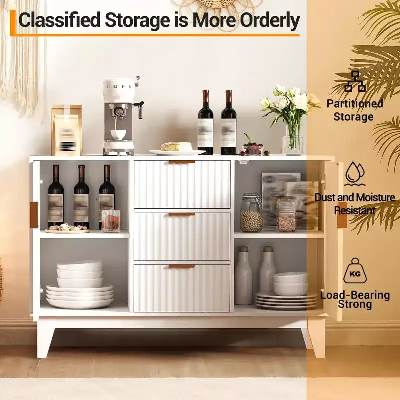 Credenza a Buffet Scanalata, Grande Mobiletto Contenitore per Caffè/Bar da 120 cm con 3 Cassetti e 2 Ante per Cucina, Soggiorno, Ingresso