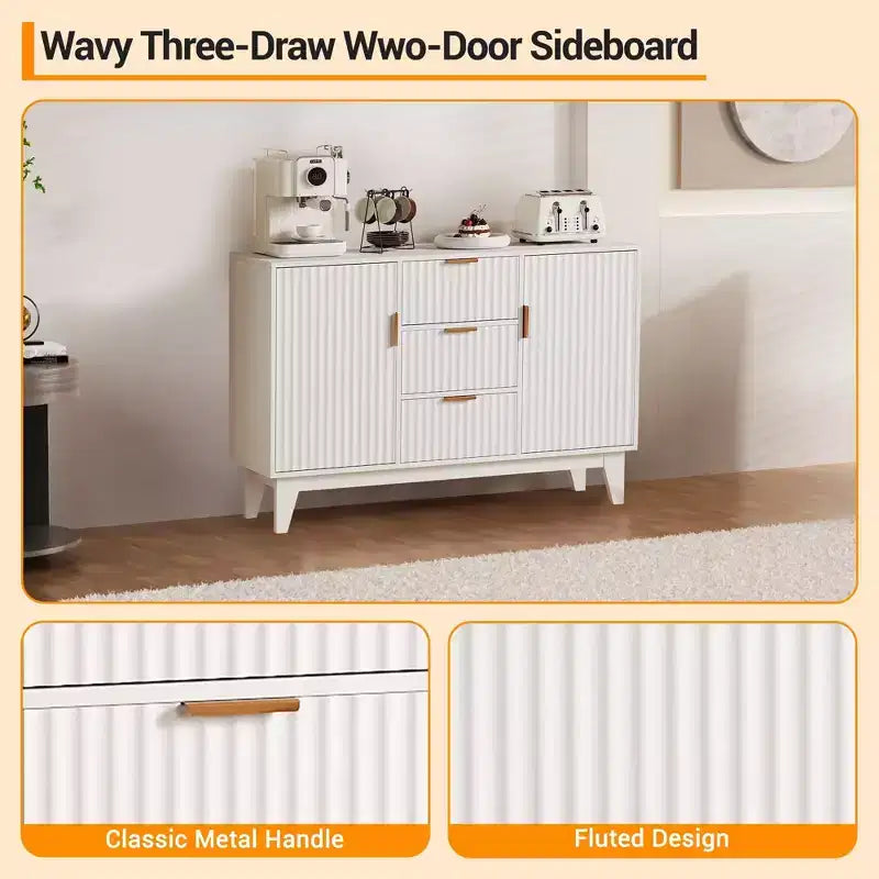 Credenza a Buffet Scanalata, Grande Mobiletto Contenitore per Caffè/Bar da 120 cm con 3 Cassetti e 2 Ante per Cucina, Soggiorno, Ingresso