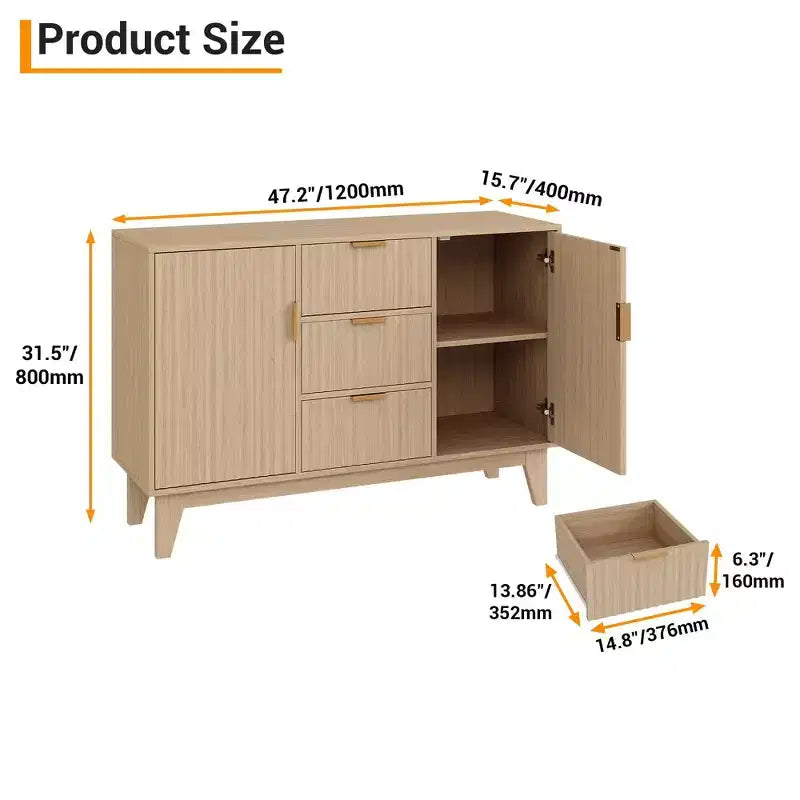 Credenza a Buffet Scanalata, Grande Mobiletto Contenitore per Caffè/Bar da 120 cm con 3 Cassetti e 2 Ante per Cucina, Soggiorno, Ingresso