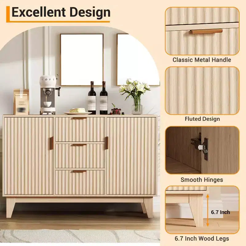 Credenza a Buffet Scanalata, Grande Mobiletto Contenitore per Caffè/Bar da 120 cm con 3 Cassetti e 2 Ante per Cucina, Soggiorno, Ingresso