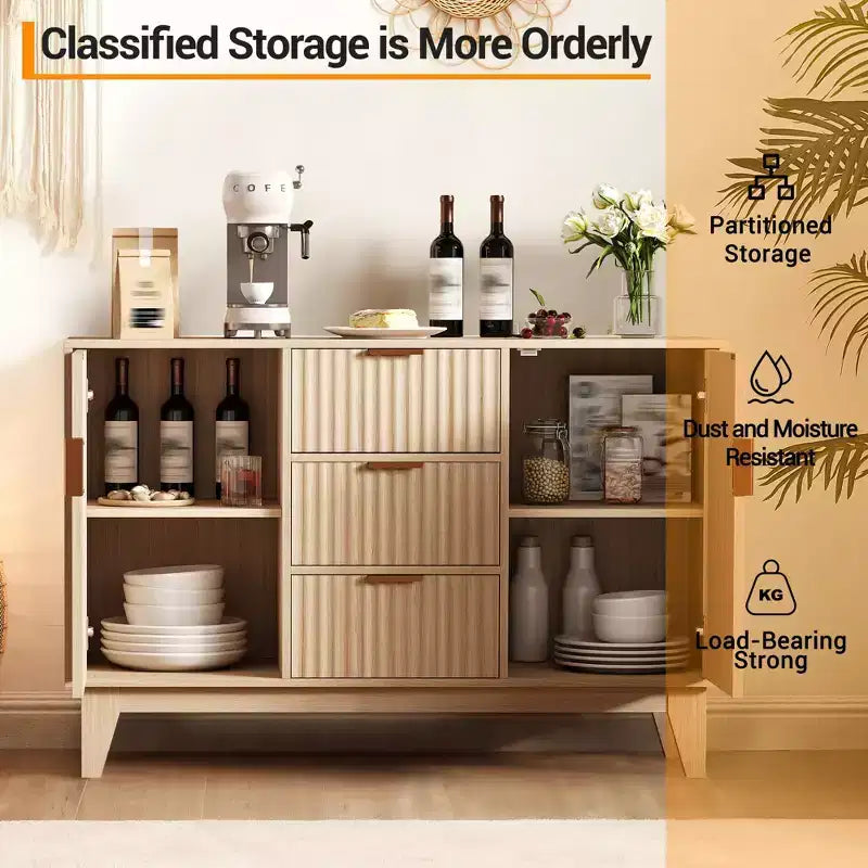 Credenza a Buffet Scanalata, Grande Mobiletto Contenitore per Caffè/Bar da 120 cm con 3 Cassetti e 2 Ante per Cucina, Soggiorno, Ingresso