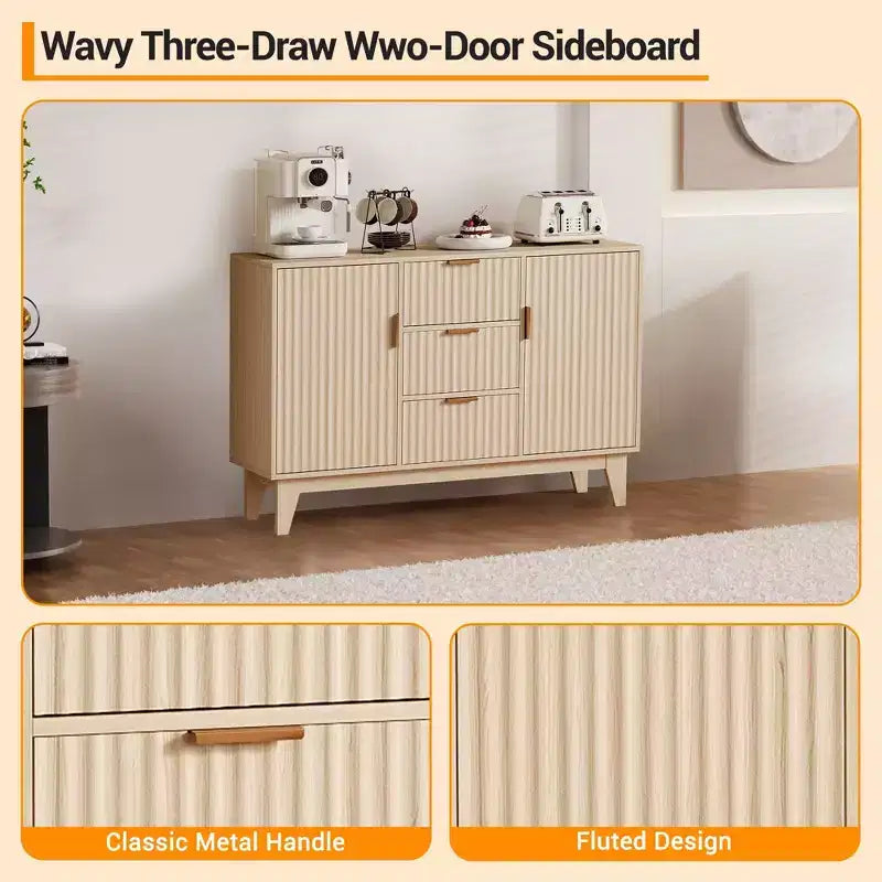 Credenza a Buffet Scanalata, Grande Mobiletto Contenitore per Caffè/Bar da 120 cm con 3 Cassetti e 2 Ante per Cucina, Soggiorno, Ingresso