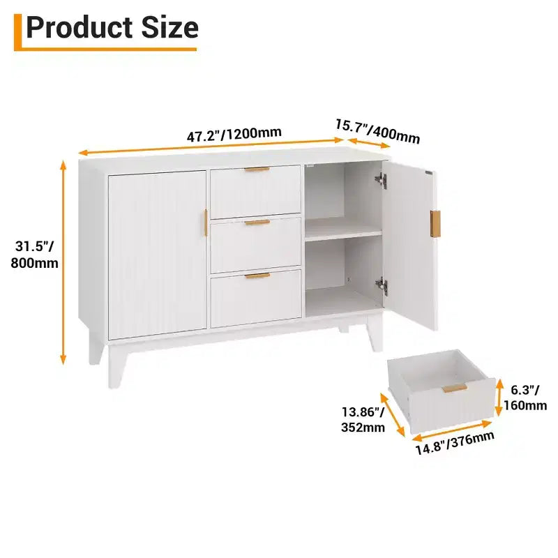 Credenza a Buffet Scanalata, Grande Mobiletto Contenitore per Caffè/Bar da 120 cm con 3 Cassetti e 2 Ante per Cucina, Soggiorno, Ingresso