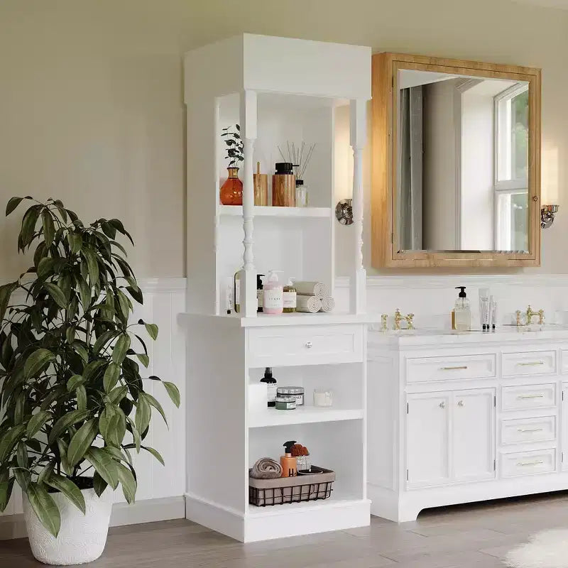 Famapy White Tall Display Cabinet & Storage Cabinet  Decorative Shelves + Drawer, Versatile for Home Spaces