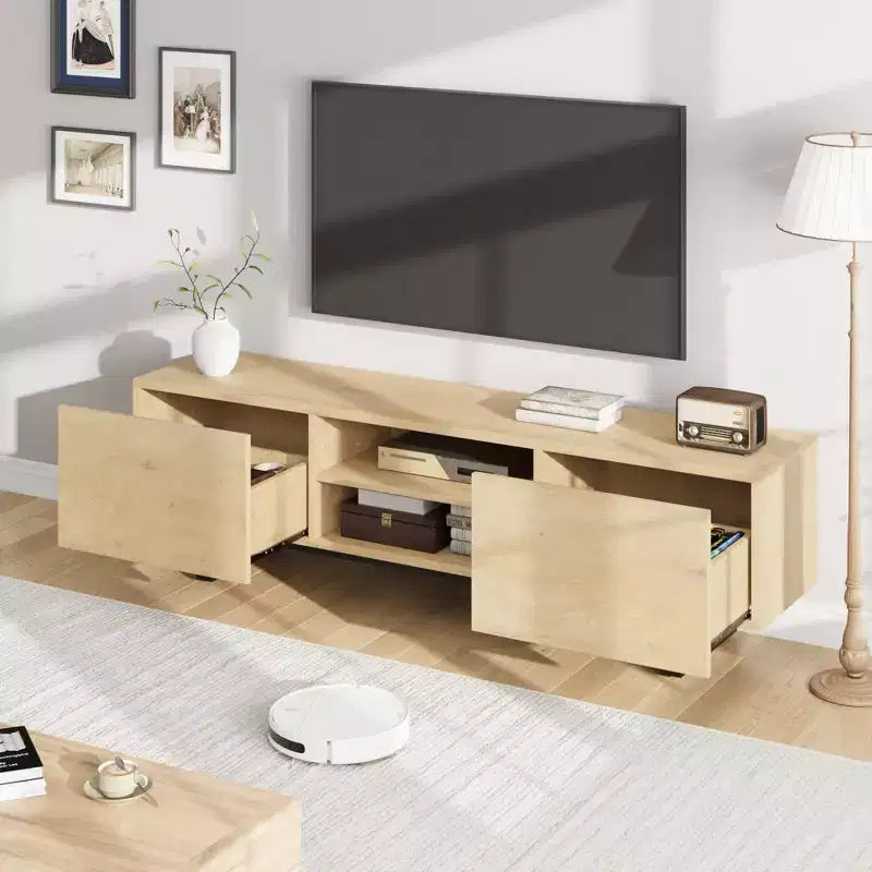 Mobile TV in stile industriale con due cassetti, adatto per TV da 80 pollici, mobile multimediale in legno per salotti