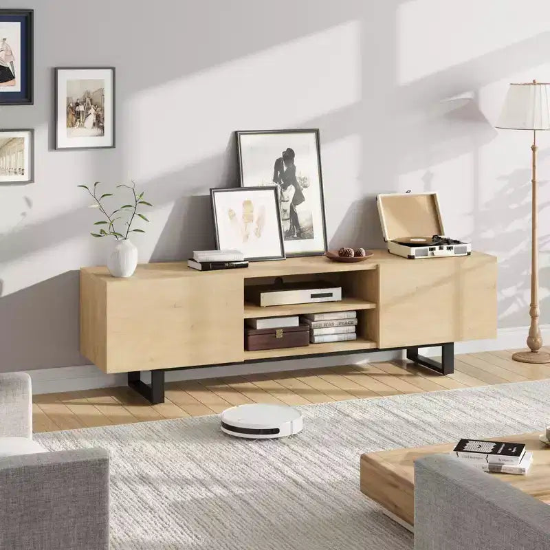 Mobile TV in stile industriale con due cassetti, adatto per TV da 80 pollici, mobile multimediale in legno per salotti