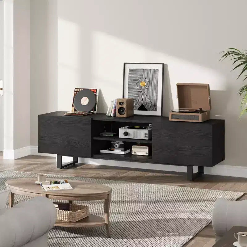 Mobile TV in stile industriale con due cassetti, adatto per TV da 80 pollici, mobile multimediale in legno per salotti