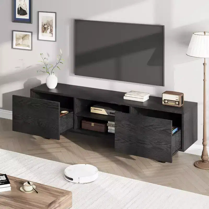 Mobile TV in stile industriale con due cassetti, adatto per TV da 80 pollici, mobile multimediale in legno per salotti