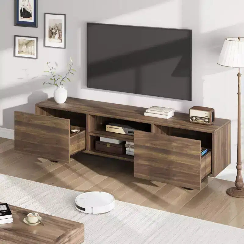 Mobile TV in stile industriale con due cassetti, adatto per TV da 80 pollici, mobile multimediale in legno per salotti