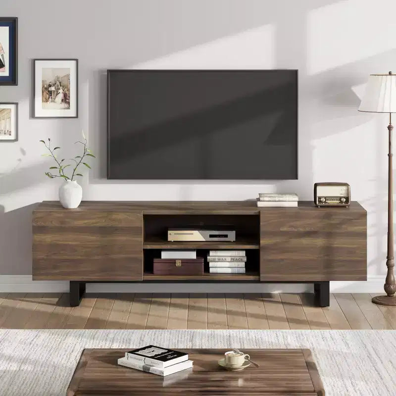 Mobile TV in stile industriale con due cassetti, adatto per TV da 80 pollici, mobile multimediale in legno per salotti