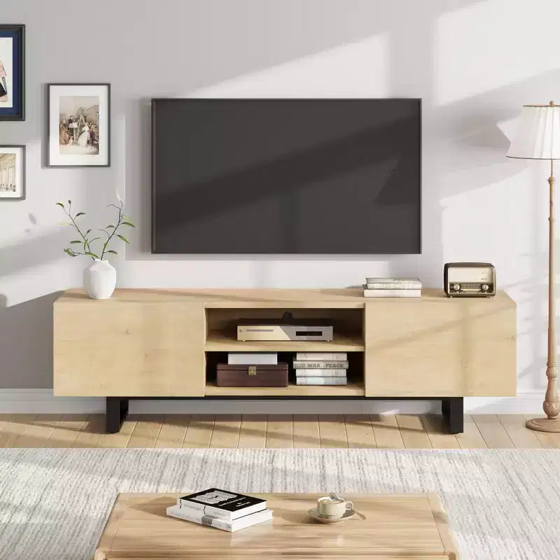 Mobile TV in stile industriale con due cassetti, adatto per TV da 80 pollici, mobile multimediale in legno per salotti
