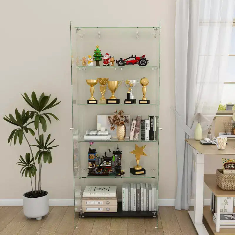 63 Corner Display Cabinet with Glass Doors, Glass Curio Cabinets with Lights & Wheels, 5-Tier Display Cases