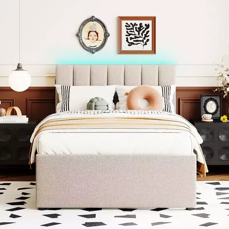 GDFStudio Walton Teddy Fleece Twin Size Upholstered Platform Bed with Pull-Out Trundle and LED Lights