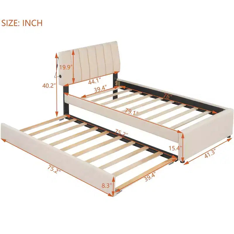 Letto a piattaforma singolo imbottito con letto estraibile e luci a LED
