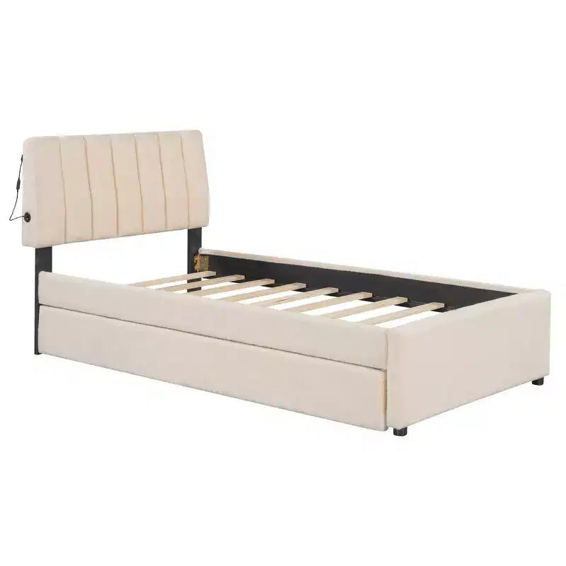 Letto a piattaforma singolo imbottito con letto estraibile e luci a LED