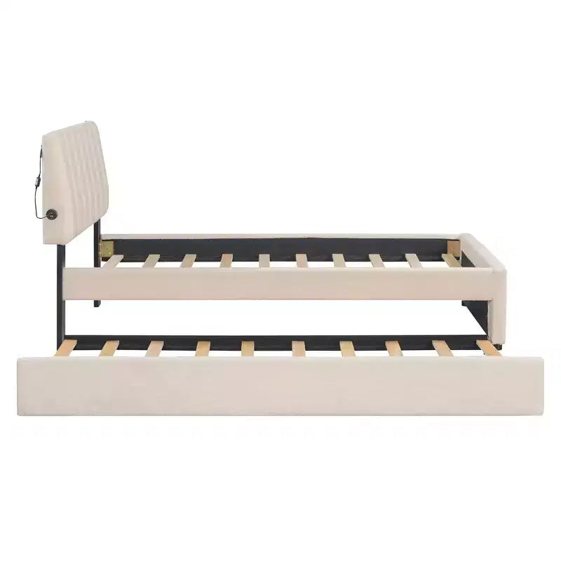 Letto a piattaforma singolo imbottito con letto estraibile e luci a LED