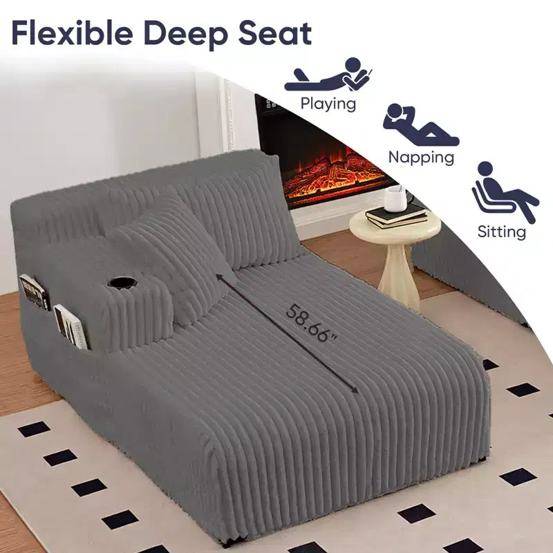 Divano a due chaise longue da 85" con portabicchieri e tasche laterali