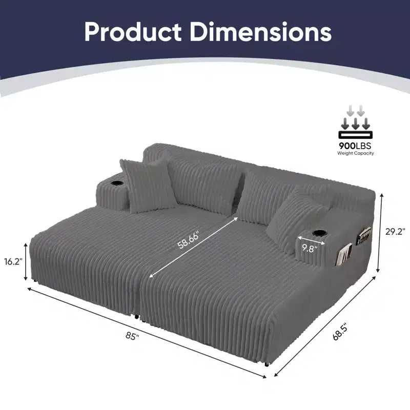 Divano a due chaise longue da 85" con portabicchieri e tasche laterali