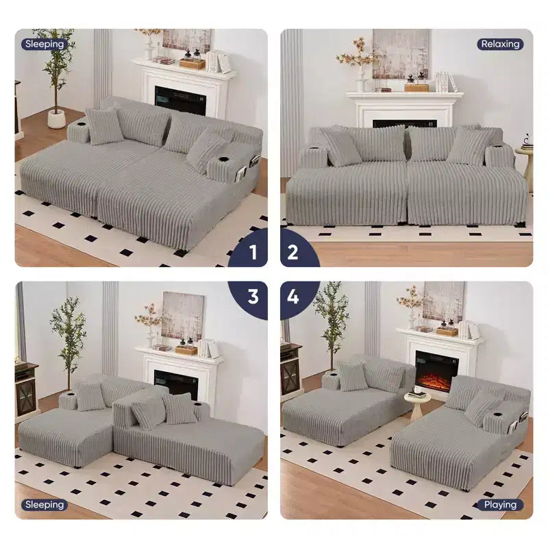 Divano a due chaise longue da 85" con portabicchieri e tasche laterali