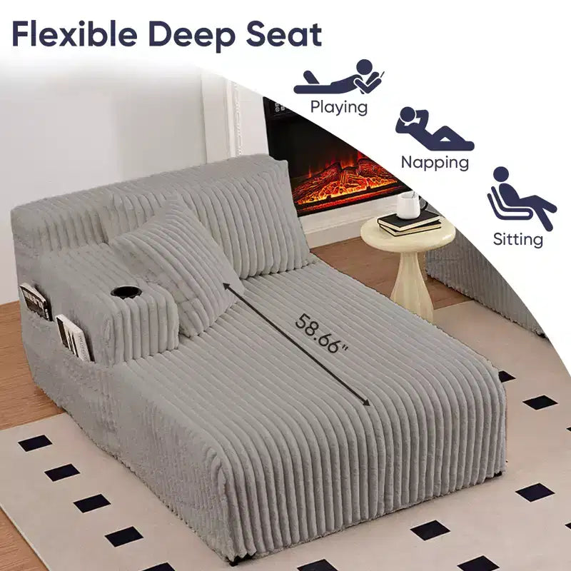 Divano a due chaise longue da 85" con portabicchieri e tasche laterali