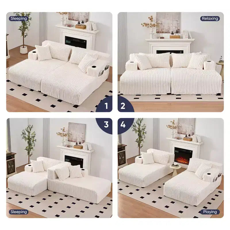 Divano a due chaise longue da 85" con portabicchieri e tasche laterali