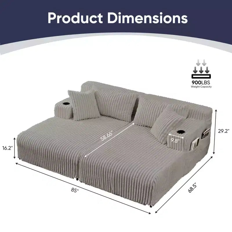 Divano a due chaise longue da 85" con portabicchieri e tasche laterali