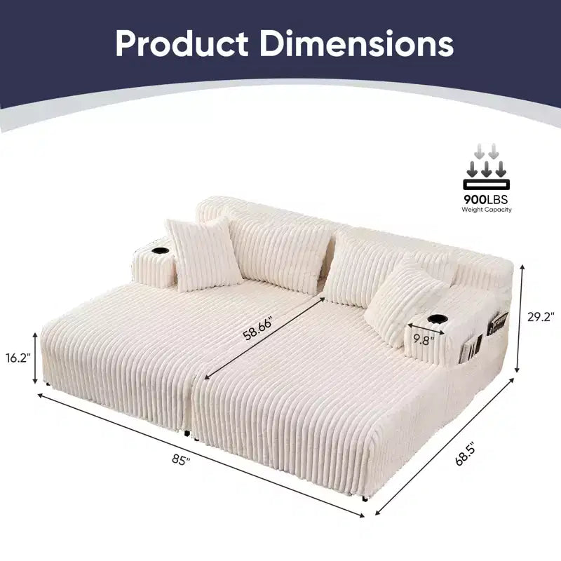 Divano a due chaise longue da 85" con portabicchieri e tasche laterali