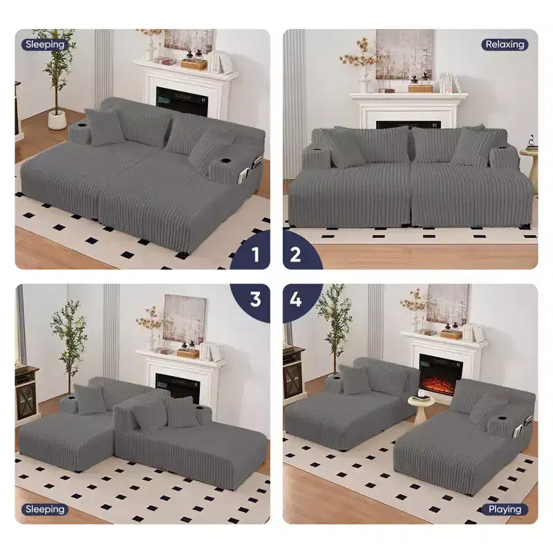 Divano a due chaise longue da 85" con portabicchieri e tasche laterali