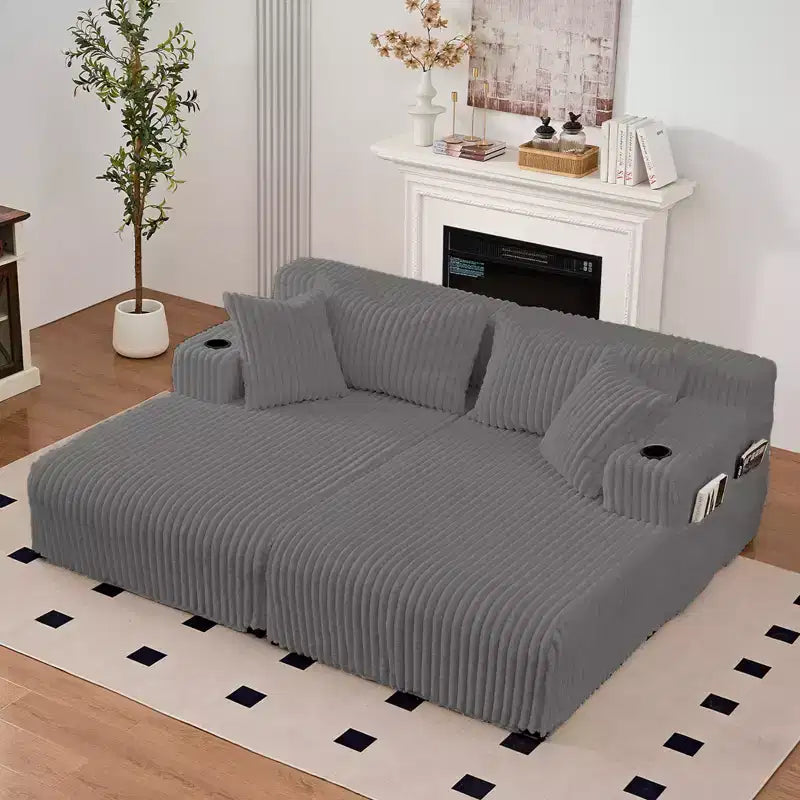Divano a due chaise longue da 85" con portabicchieri e tasche laterali