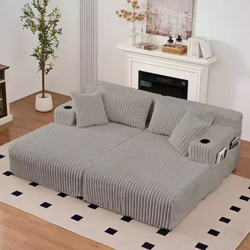 Divano a due chaise longue da 85" con portabicchieri e tasche laterali