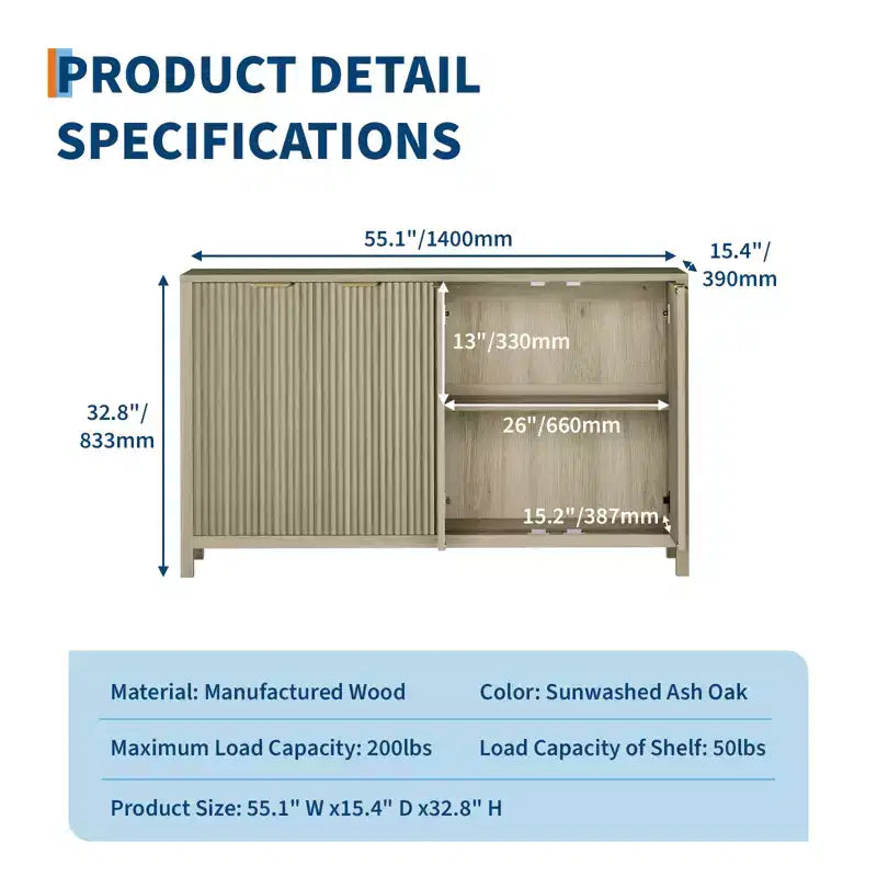 Credenza moderna scanalata da 55" con 4 ante e ripiano regolabile