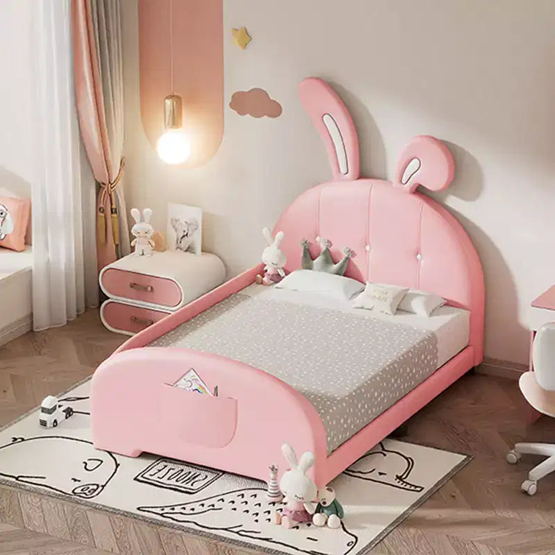 Letto Imbottito Singolo, Struttura Letto Principessa a Forma di Coniglio per Bambini e Bambine, Letto a Piattaforma Singolo con Testiera e Pediera per Bambini