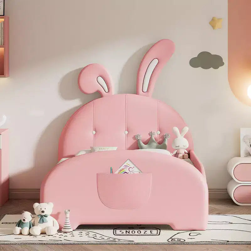 Letto Imbottito Singolo, Struttura Letto Principessa a Forma di Coniglio per Bambini e Bambine, Letto a Piattaforma Singolo con Testiera e Pediera per Bambini