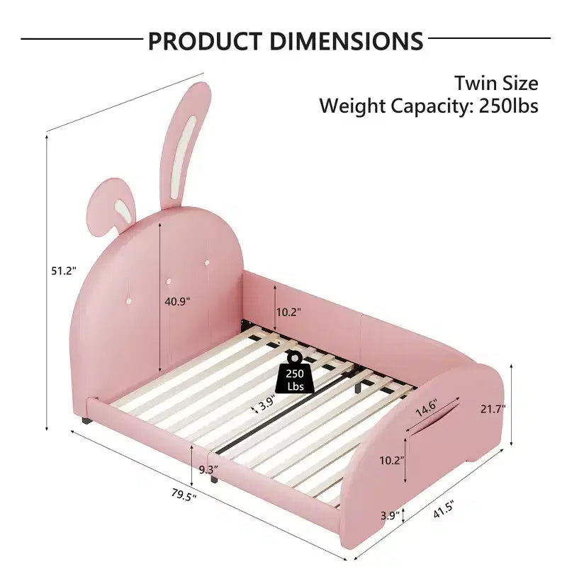 Letto Imbottito Singolo, Struttura Letto Principessa a Forma di Coniglio per Bambini e Bambine, Letto a Piattaforma Singolo con Testiera e Pediera per Bambini