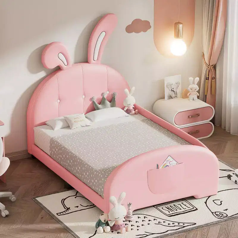 Twin Size Upholstered Bed, Rabbit Shape Princess Bed Frame for Boys and Girls, Twin Size Platform Bed with Headboard and End Panel for Kids