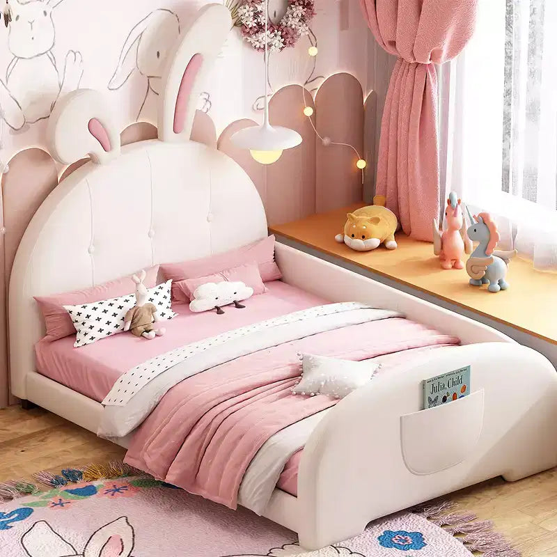 Letto Imbottito Singolo, Struttura Letto Principessa a Forma di Coniglio per Bambini e Bambine, Letto a Piattaforma Singolo con Testiera e Pediera per Bambini
