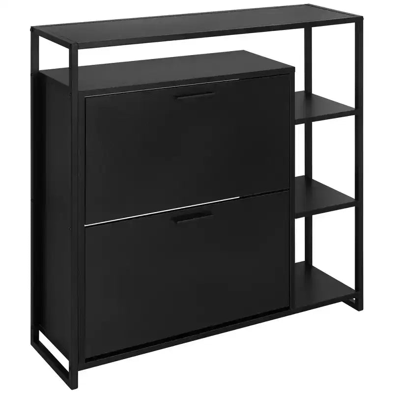 eHemco 2-Door Shoe Cabinet with 4 Shelves, Modern Storage Organizer, Black Metal Frame, 2 Flip Drawers