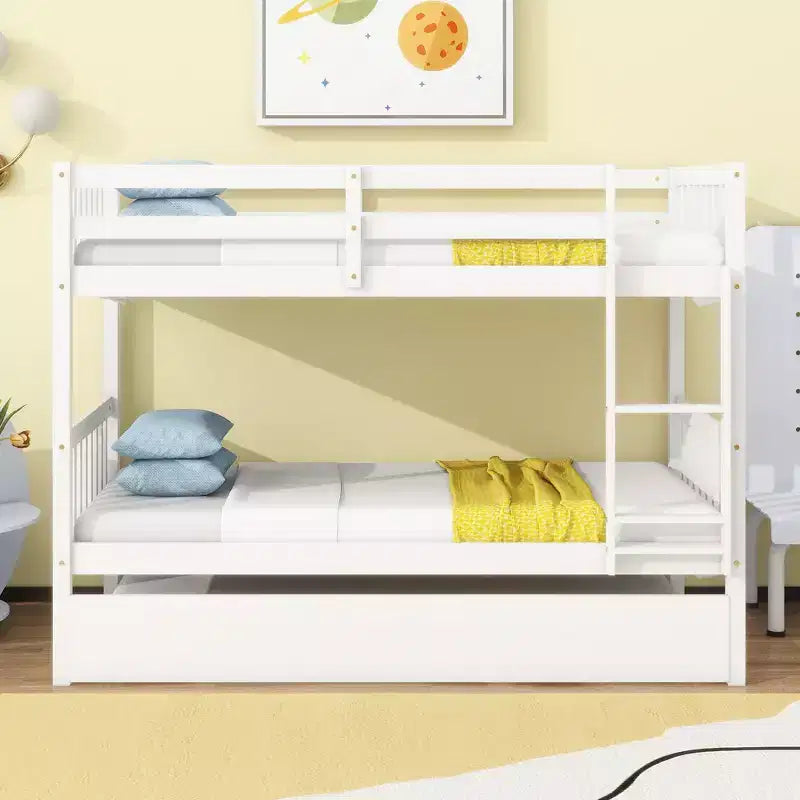 MAYEERTY Twin Rubber Wood Bunk Bed with Trundle Twin Bunk Bed with Ladder and Safety Guardrails White